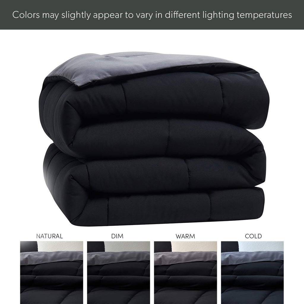 Fluffy Down Alternative Queen Comforter Set, 3 Piece Bed in a Bag, Reversible Down Alternative Bedding Set, Black & Gray - Luxurious Quilted Duvet Cover Set Detail