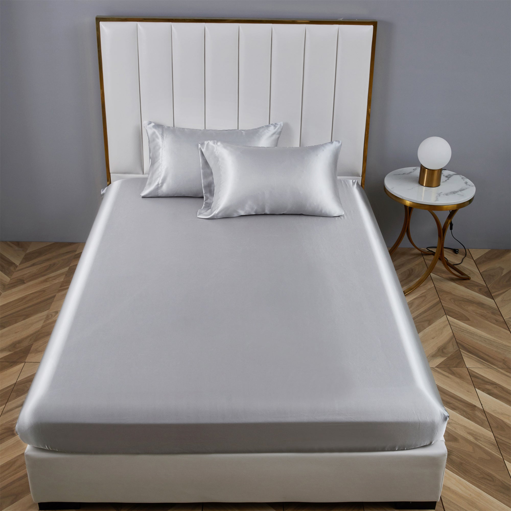 Breathable Luxury Satin Fitted Sheet King Size 14 Inch Deep Pocket Bed Sheet Silk Sheet Ultra Soft Machine Washable, Light Gray - Premium Ultra-Soft Pillowcase Pair for Sleeping Detail