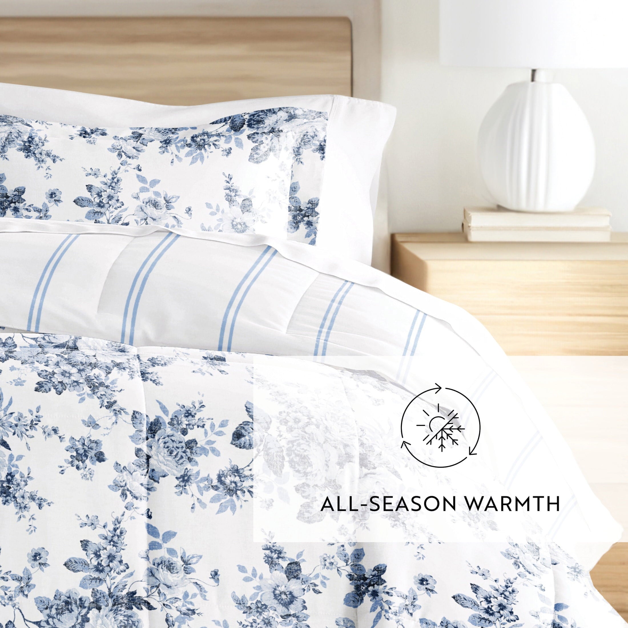 Fluffy Down Alternative Down Alternative Cabbage Rose Stripe Stone Reversible Comforter Set - All-Season Down Alternative Comforter Insert Detail