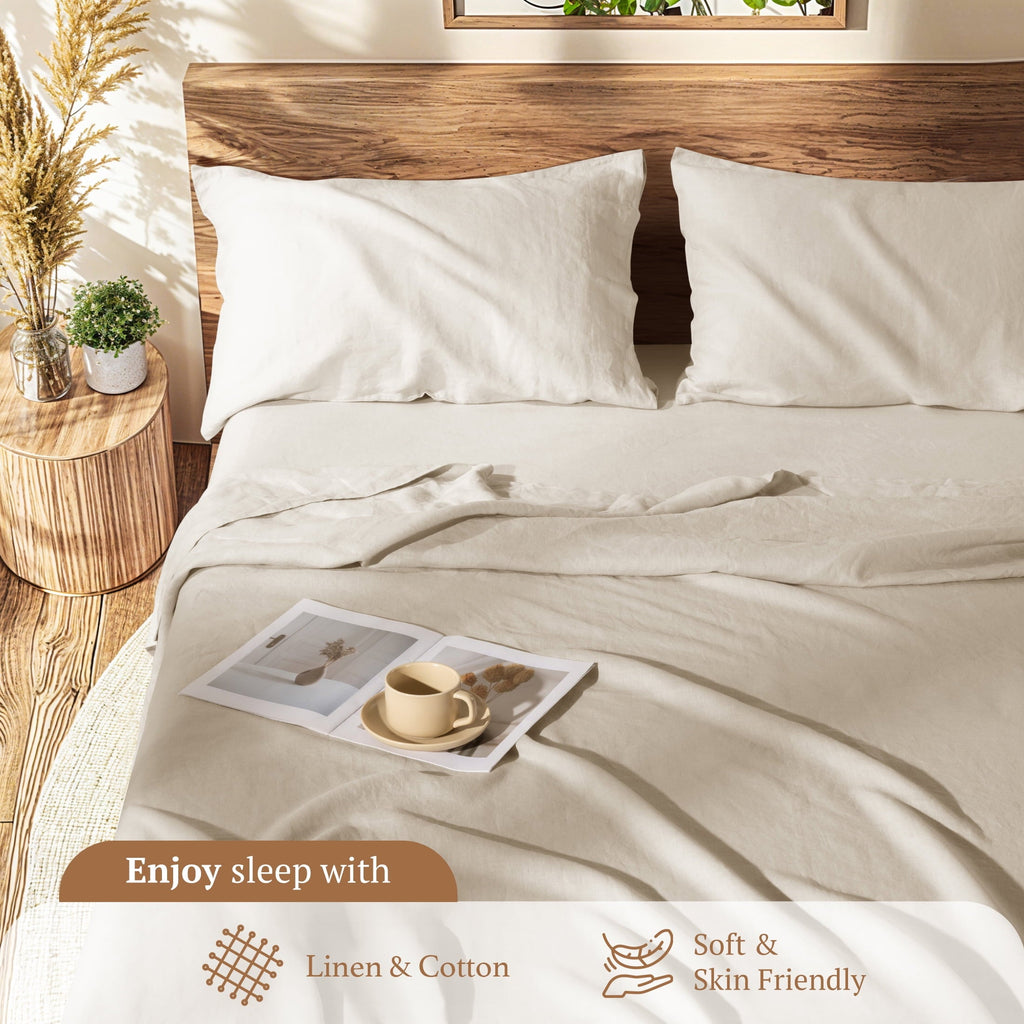 Breathable Luxury Natural Linen Cotton Bed Sheets Set, Deep Pocket - Breathable - Durable - 4 Pieces (Linen, Queen) - Cooling Hotel Quality Bedding Sheets and Pillowcases Detail
