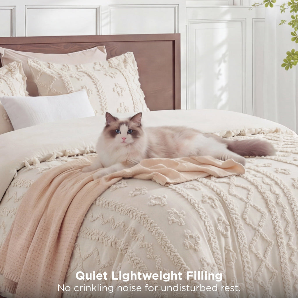 All-Season Tufted Boho Comforter Set Queen, Beige, 3 Pieces Farmhouse Shabby Chic Embroidery Bedding Set, Soft Jacquard Comforte... - Cloud-Like Soft Lightweight Bed Comforter Detail