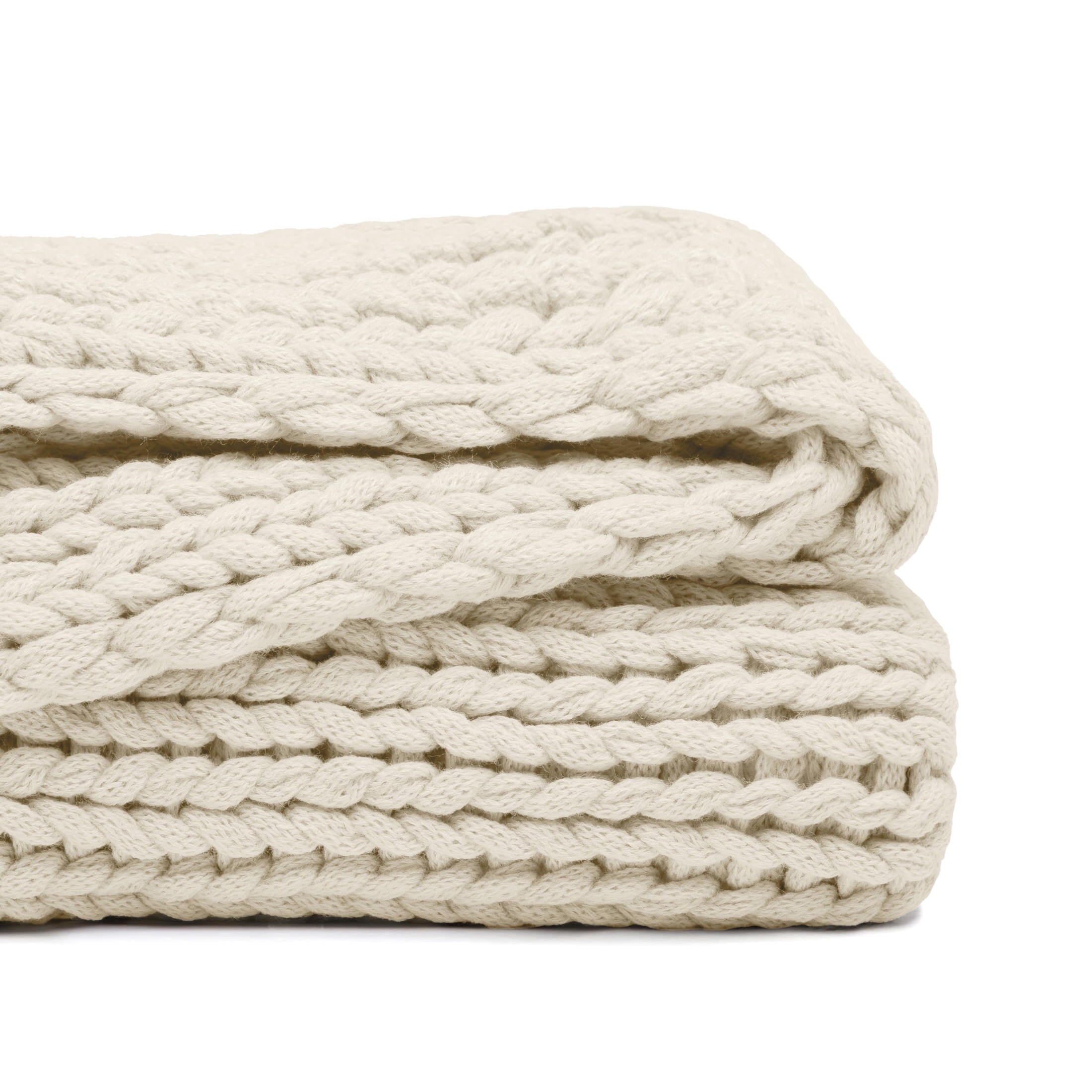 Reversible Sherpa Soft & Cozy Chunky Hand-Knit Throw Blanket, Ivory - Luxury Knitted Decorative Throw Blanket with Fringes Detail