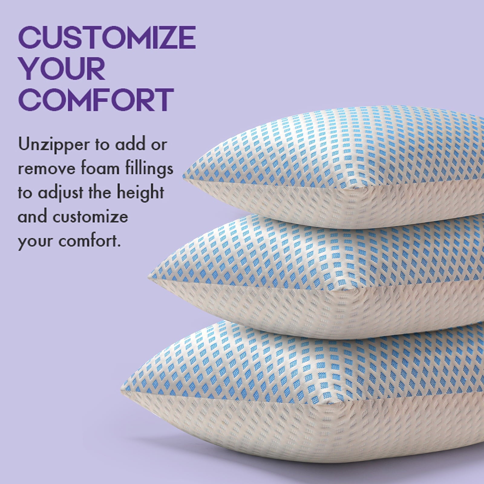 Decorative Plump Cooling Pillows for Bed Sleeping Shredded Memory Foam Pillows Queen Size Set of 2 Pack 20 x 30 inches - Decorative Throw Pillow Cushion for Sofa & Bed Detail