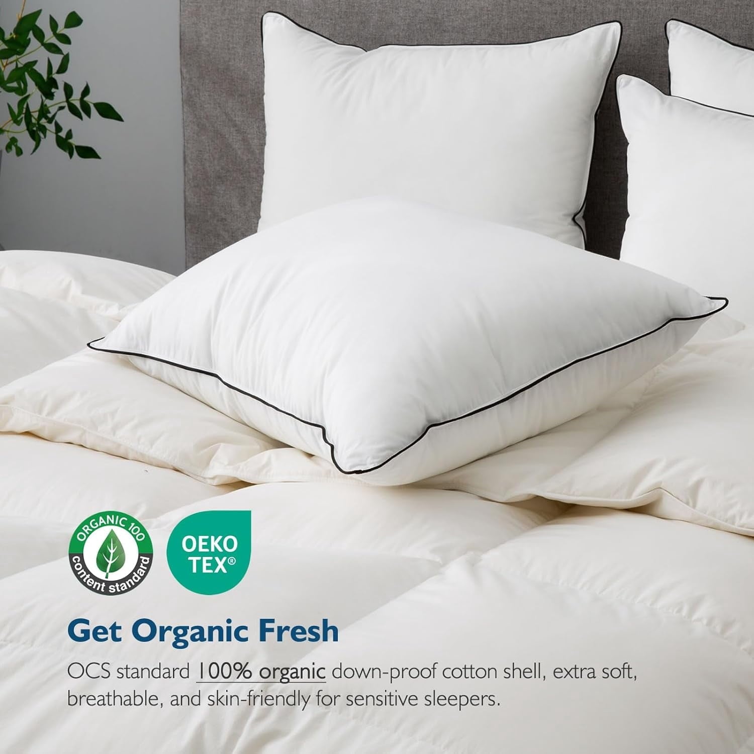 Hotel Collection Hypoallergenic 3‑Chamber Goose Feather Down Core Bed Pillows, Standard Size Set of 2, With Microfiber Surround, Soft-... - Hotel Quality Plush Sleeping Pillows Detail