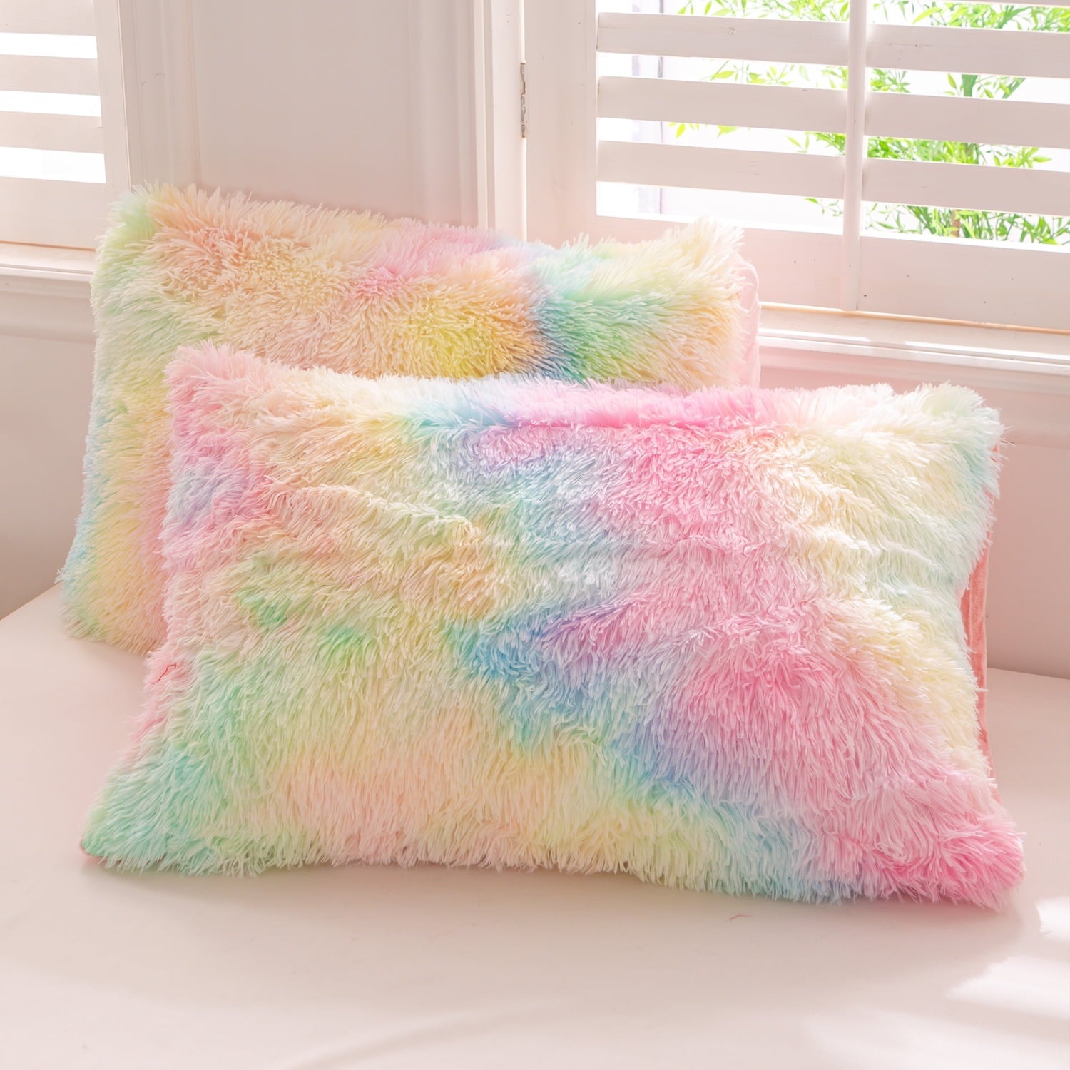 Heavyweight Warmth 3Pcs Pink Faux Fur Twin Comforter Set for Girls Tie Dye Rainbow Kid Bed Set Plush Shaggy Bedding Sets Fuzzy Bed Comfo... - Luxurious Quilted Duvet Cover Set Detail