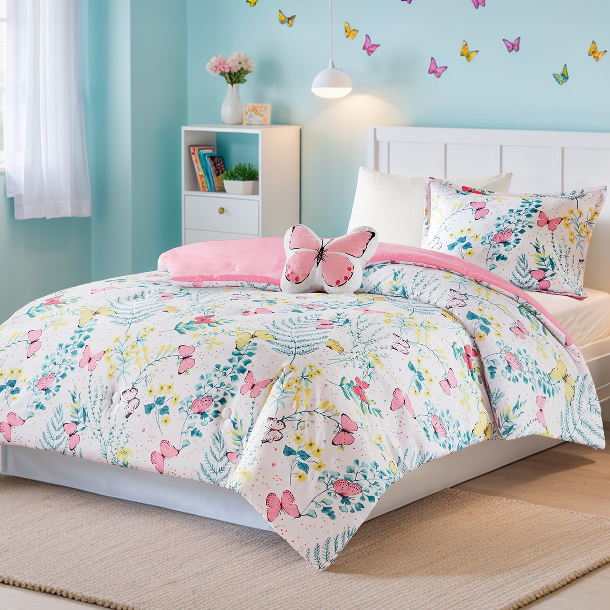 Heavyweight Warmth Full/Queen Size Comforter Sets, 4-Piece Kids Bedding Set for Girls, Butterfly Floral Comforter Bed Set, White/Pink - Hypoallergenic Ultra-Fluffy Quilt for Winter Detail