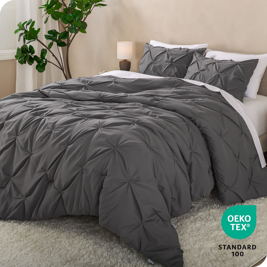 Fluffy Down Alternative Pintuck Down Alternative Comforter Set - 3-Pieces - All Seasons - King, Grey - Hypoallergenic Ultra-Fluffy Quilt for Winter Detail