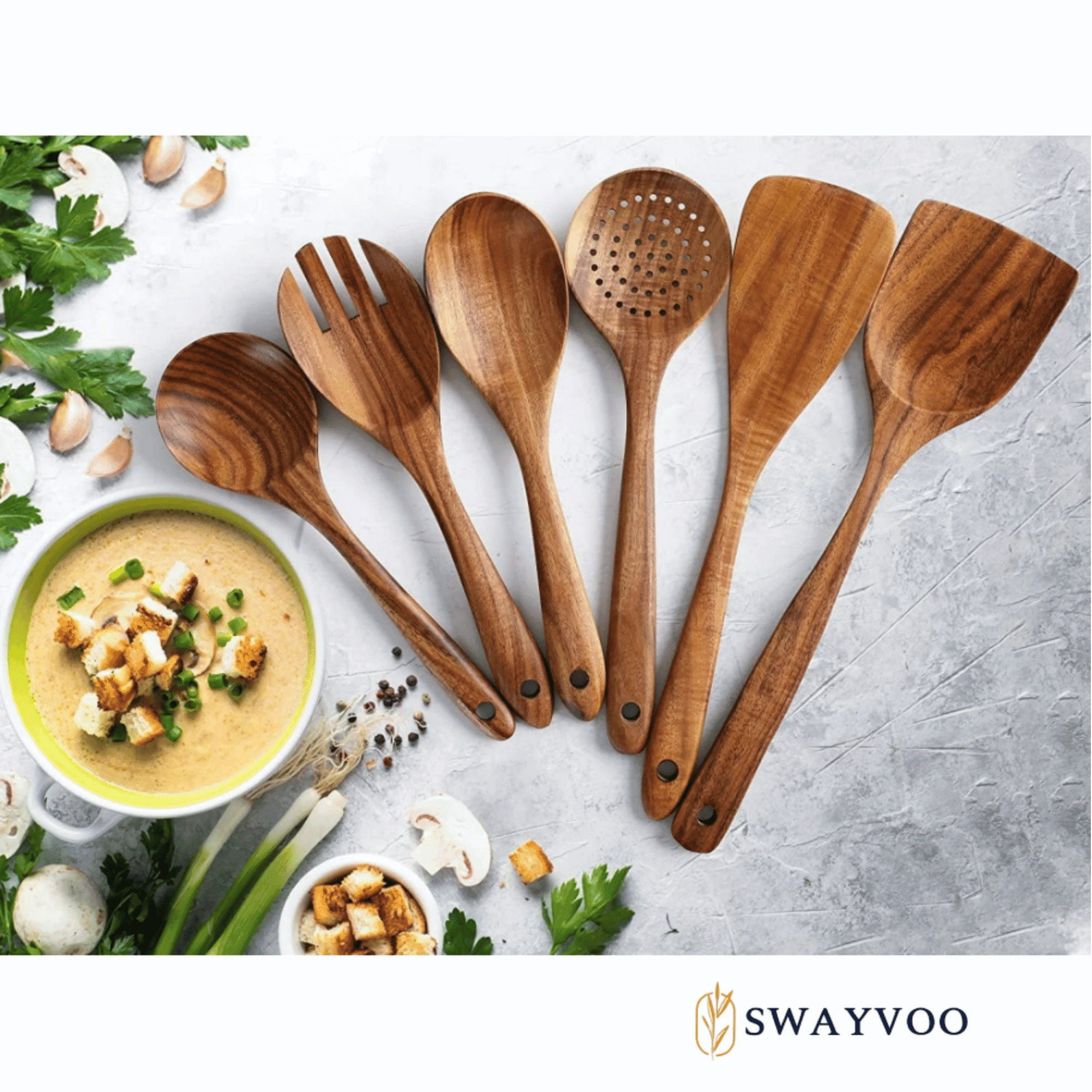 Ergonomic Cooking Wooden Spoons for Cooking, 6-Piece 100% Natural Teak Wooden Utensils for Cooking — Heat Resistant, Non-Stick ... - Premium Stainless Steel Cooking Utensil for Non-Stick Pots Detail