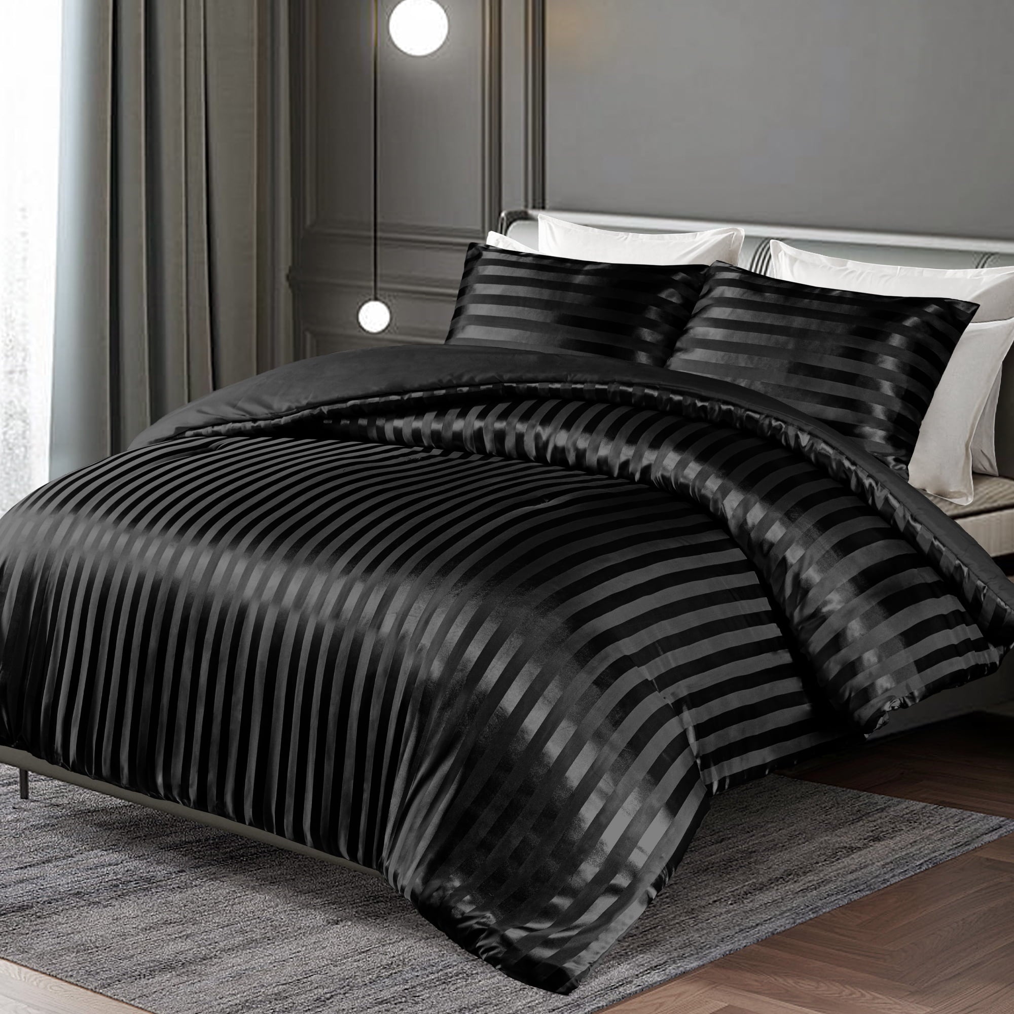 All-Season 3-Piece Reversible Silky Soft King Size Comforter Set, Luxury Stripe Satin Oversized Comforter Bedding Set with 2 Sat... - Hypoallergenic Ultra-Fluffy Quilt for Winter Detail