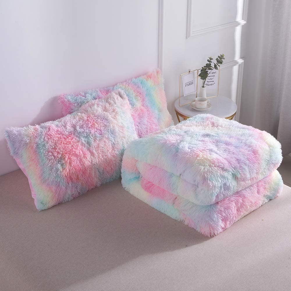Heavyweight Warmth Plush Shaggy Comforter Set Fluffy Fuzzy Faux Fur Bedding Set - Microfiber Soft Warm Quilt Set(Rainbow Pink,Queen Size) - Cloud-Like Soft Lightweight Bed Comforter Detail