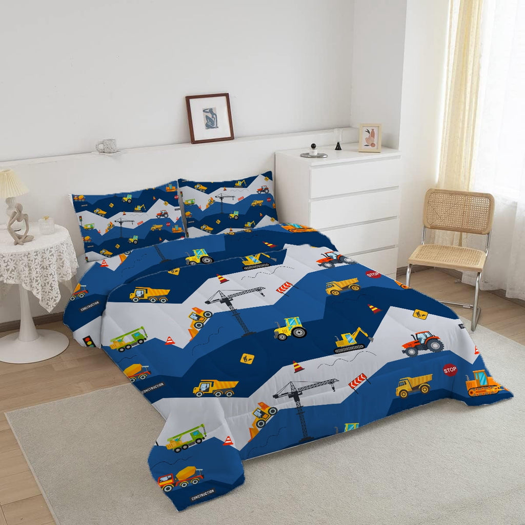 Hypoallergenic Cloud Car Comforter Set Construction Bedding Set for Boys Kids Trucks Comforter Cartoon Car Excavator Tractor Blue 3Pcs Twin - Hypoallergenic Ultra-Fluffy Quilt for Winter Detail