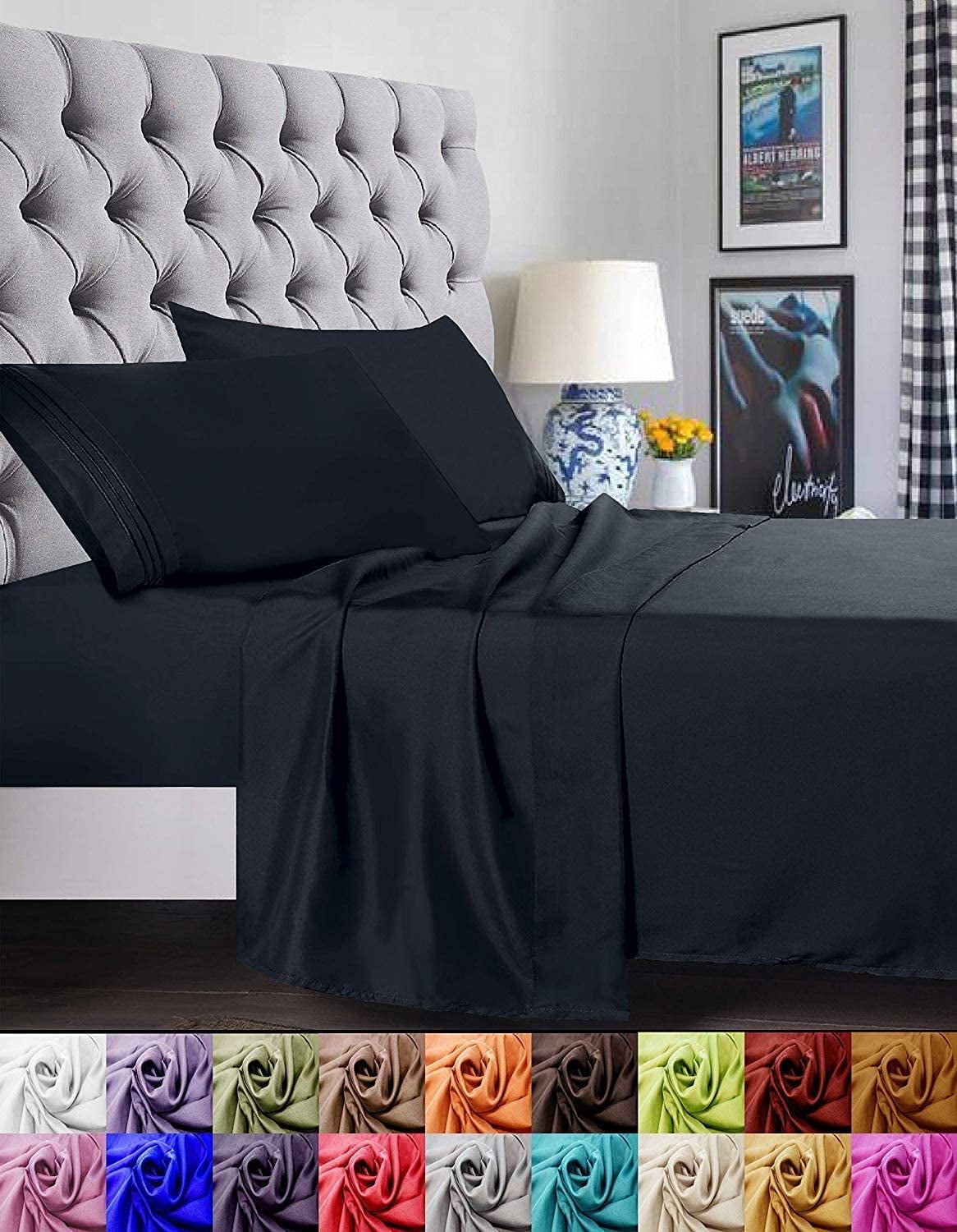 Premium Egyptian Cotton 1800 Series Microfiber Bed Sheets 6-Piece Set, Deep Pocket, Queen Black - Luxury Bed Sheet Set with Deep Pockets Detail
