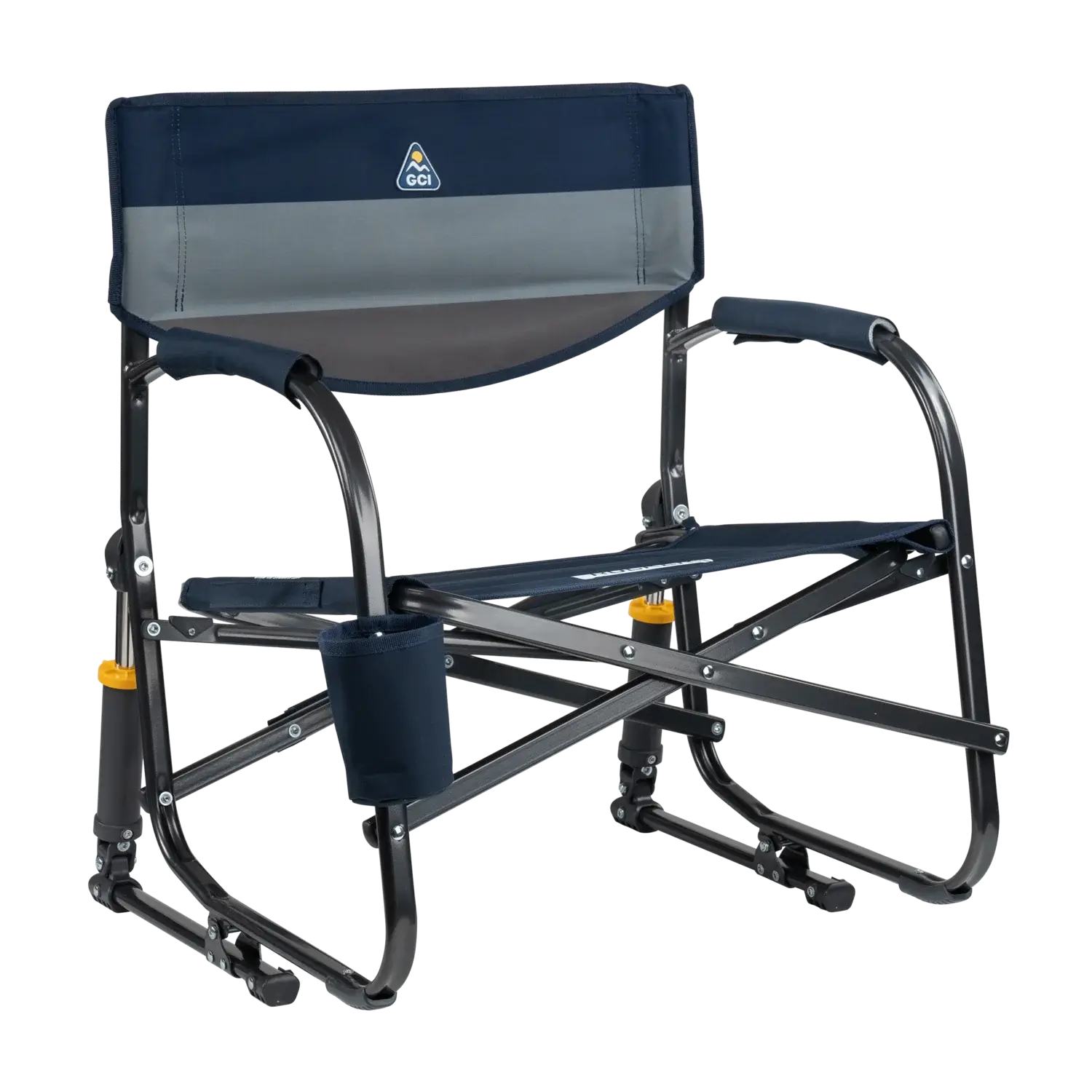 Luxury Camp Grab & Go Rocker - Choice 551 - Heavy-Duty Kickback Rocker with Beverage Holder - Indigo Color Block