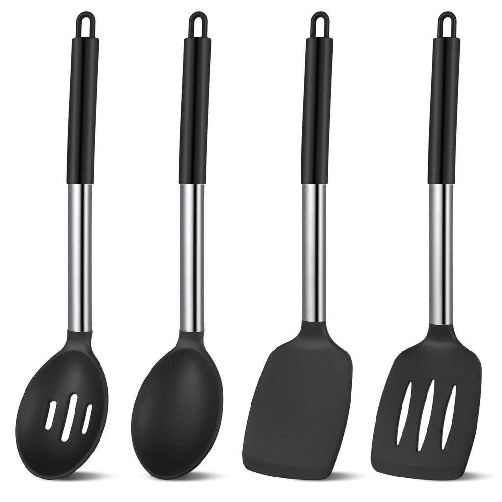 Non-Stick Safe Silicone Cooking Spatulas and Spoons, 4 Pack Heat Resistant Silicone Cooking Utensils Set, Non-stick Large Ki... - Durable Turner & Ladle Utensil Set for Home Chefs - Default Title