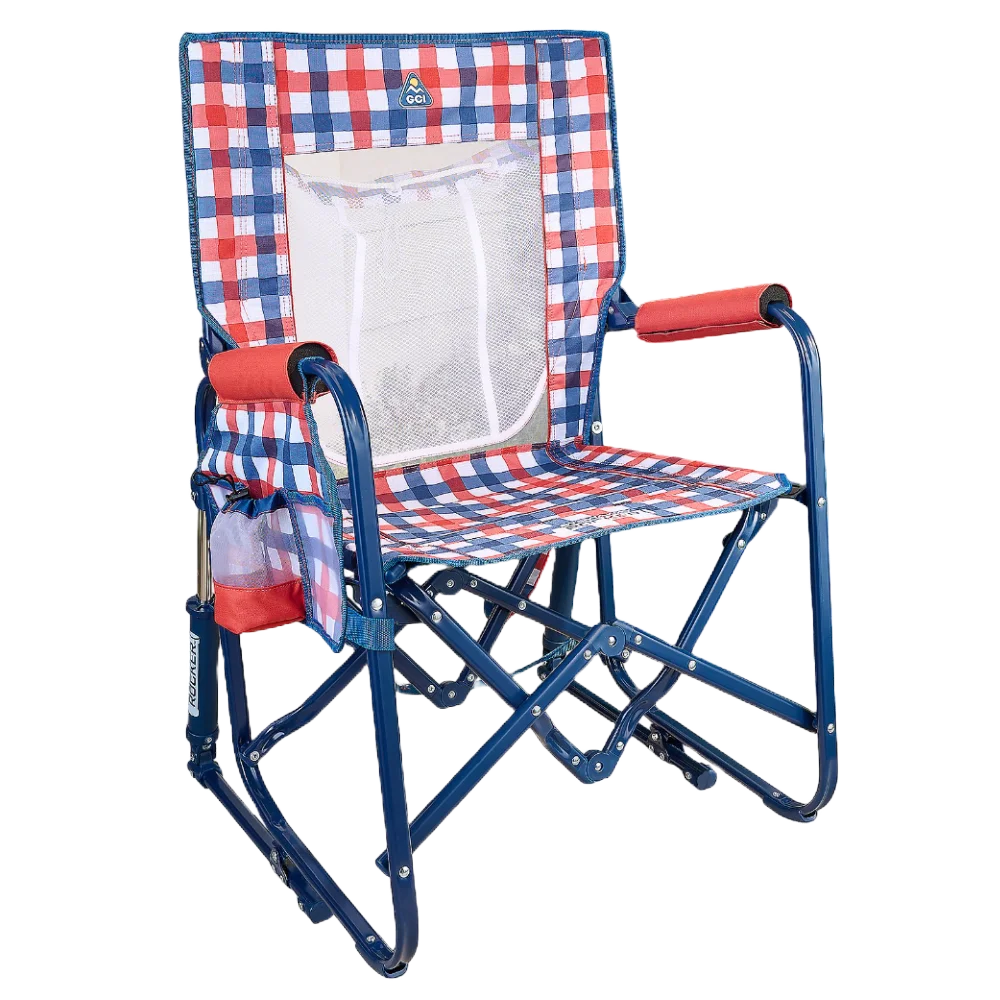 Premium All-Weather Stowaway Rocker with Storage Pouch - Choice 573 - Freestyle Rocker Portable Outdoor Folding Chair - Patriotic Plaid