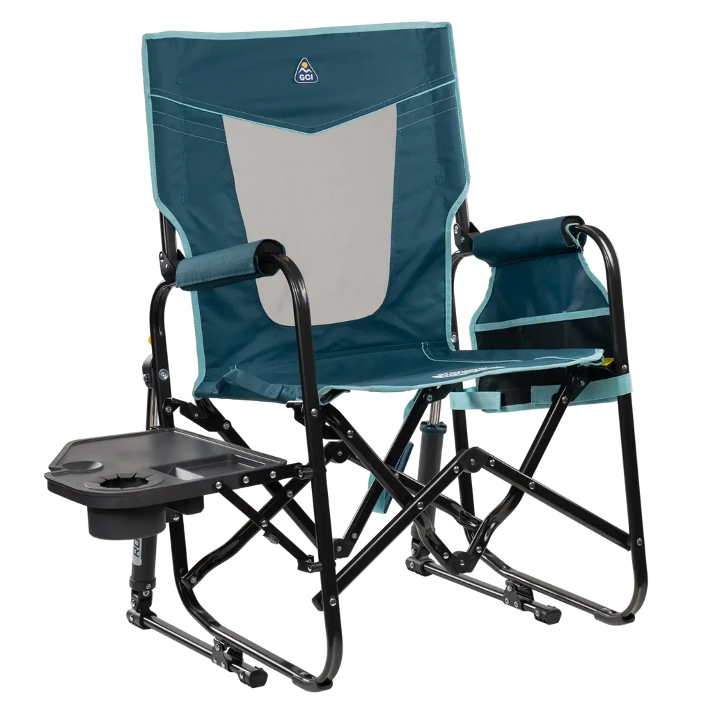 Premium All-Weather Stowaway Rocker with Side Table - Choice 253 - Patented Spring-Action Rocking Chair for Camping - Teal