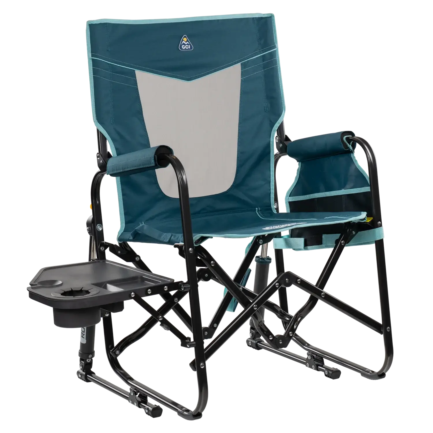 Premium All-Weather Stowaway Rocker with Side Table - Choice 253 - Patented Spring-Action Rocking Chair for Camping - Teal