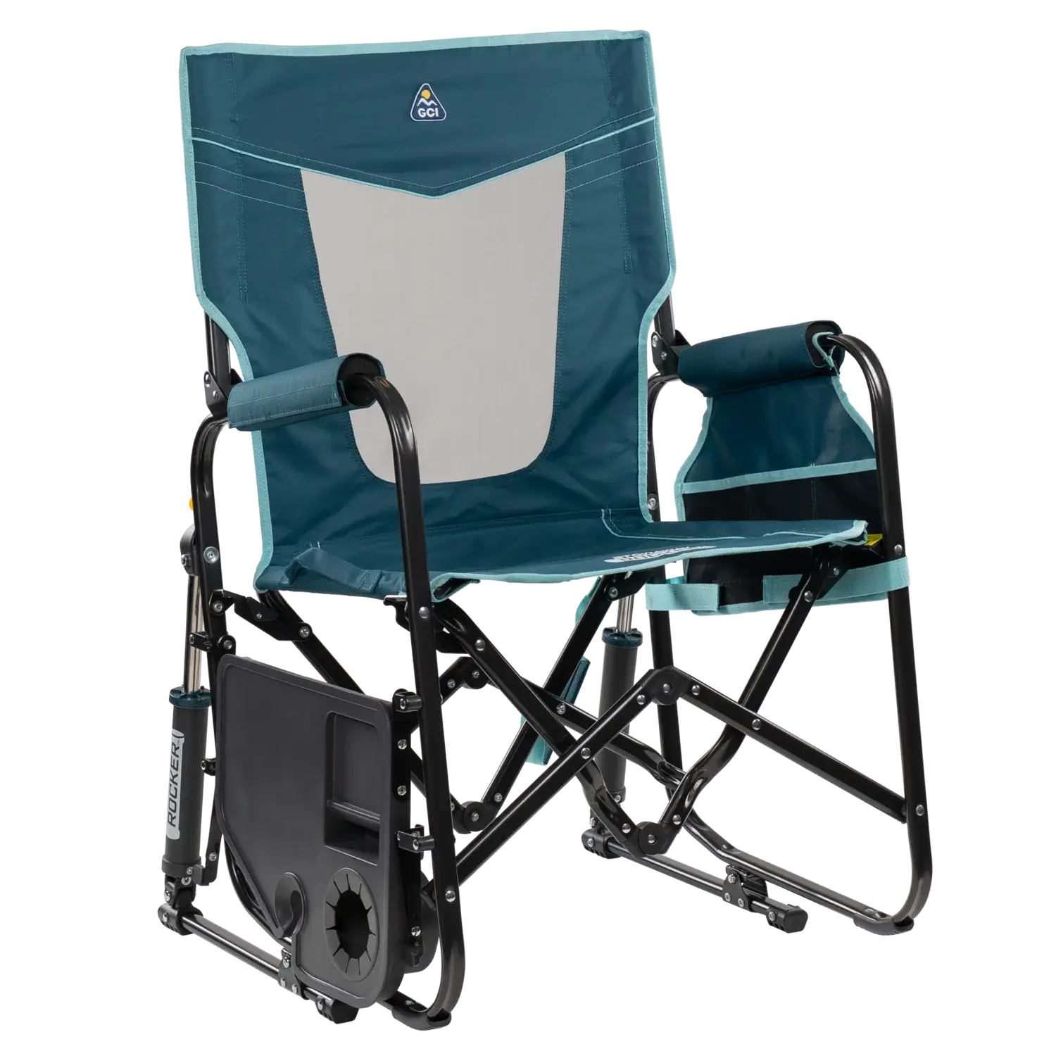 Premium All-Weather Stowaway Rocker with Side Table - Choice 253 - Patented Spring-Action Rocking Chair for Camping Detail