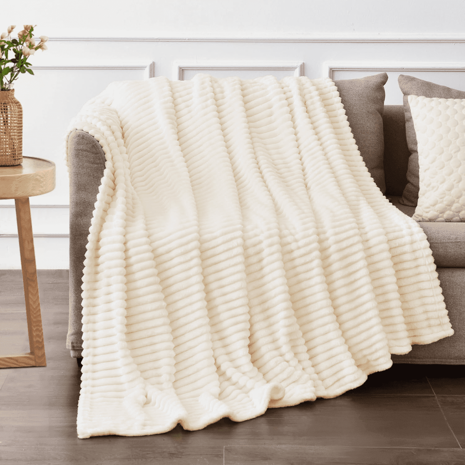 Super Soft Flannel Throw Size Blanket for Couch, Sofa, Bed, Striped Beige Throw Blanket for Office Picnic Travel Bedroom, Super Soft War... - Cozy Fleece Throw Blanket for Couch & Bed - Default Title
